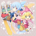  1boy 1girl alternate_costume amitie_(puyopuyo) blonde_hair blue_eyes blue_hair blush commentary_request green_eyes heterochromia holding holding_sword holding_weapon looking_at_viewer open_mouth pink_headwear puyopuyo red_eyes sig_(puyopuyo) sword weapon yoriyomo 