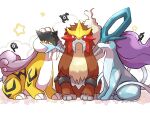  artist_name claws closed_mouth commentary_request entei fangs full_body highres looking_at_viewer no_humans pokemon pokemon_(creature) raikou red_eyes saki_pokeoekaki simple_background sitting star_(symbol) suicune twitter_username unown unown_e unown_r unown_s white_background 
