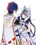  1boy 1girl alear_(fire_emblem) alear_(male)_(fire_emblem) bare_shoulders black_choker black_hair blue_hair breasts brother_and_sister choker dress feather_hair_ornament feathers fire_emblem fire_emblem_engage grabbing_another&#039;s_hair grey_hair hair_ornament height_difference long_hair mugimugis multicolored_hair petite redhead short_hair siblings small_breasts smile split-color_hair two-tone_hair very_long_hair veyle_(fire_emblem) violet_eyes wavy_hair 