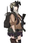  1girl backpack bag black_gloves black_hair black_skirt black_thighhighs brown_eyes brown_headwear brown_shirt closed_mouth commentary_request ear_protection girls_frontline gloves gun helmet heterochromia highres looking_at_viewer multicolored_hair mutugorou_u name_connection object_namesake pleated_skirt puffy_short_sleeves puffy_sleeves red_eyes ro635 ro635_(girls&#039;_frontline) shirt short_sleeves simple_background single_thighhigh sketch skirt solo streaked_hair thigh-highs weapon white_background white_hair 