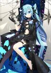  alternate_costume black_footwear black_gloves blue_eyes blue_hair commentary_request gloves hatsune_miku highres long_hair negi_(ulog&#039;be) parted_lips single_thighhigh sitting thigh-highs twintails very_long_hair vocaloid 