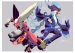  aqua_eyes blaziken border claws colored_sclera commentary_request fire grey_background haruto1192 highres horns open_mouth pokemon pokemon_(creature) quaquaval tongue white_border yellow_fur yellow_sclera 