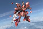  3d aaronhanart absurdres beam_rifle blue_sky char&#039;s_counterattack clouds damaged dirty emblem energy_cannon energy_gun english_commentary flying gundam highres machinery mecha mobile_suit neo_zeon no_humans photo_background realistic robot roundel sazabi science_fiction sky weapon 