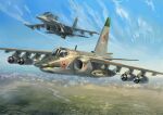  absurdres aircraft airplane blue_sky clouds commentary_request fighter_jet flying highres jet military military_vehicle mirroraptor missile original rocket_launcher russian_commentary russo-ukrainian_war scenery sky su-25 su-34 vehicle_focus weapon 