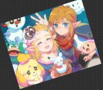  2boys 2girls :3 :d :o ^_^ absurdres animal_crossing arms_up black_background black_eyes black_gloves blonde_hair blue_headwear blue_jacket blush braid bright_pupils brown_gloves closed_eyes closed_mouth clouds commentary crown_braid dated_commentary dog_girl earrings eyelashes forehead frown fur-trimmed_jacket fur-trimmed_sleeves fur_trim gloves gold_trim grid_background hair_between_eyes hair_ornament hairclip hands_up hat highres isabelle_(animal_crossing) jacket jewelry link long_sleeves looking_at_viewer medium_hair multiple_boys multiple_girls one_eye_closed open_mouth outstretched_arm parted_bangs photo_(object) pikachu pointy_ears pokemon pokey_(mario) princess_zelda red_scarf rutiwa scarf selfie sidelocks smile snow snowman spike_(my_little_pony) super_mario_bros. super_mario_odyssey sweatdrop the_legend_of_zelda the_legend_of_zelda:_breath_of_the_wild tiara_(mario) tilted_headwear toad_(mario) topknot violet_eyes white_pupils 