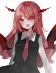  1girl :d absurdres bat_wings blush breasts eyes_visible_through_hair hair_over_one_eye head_wings highres koakuma long_hair medium_breasts necktie open_mouth pointy_ears red_eyes red_necktie redhead shion_343 shirt smile solo sparkle touhou upper_body v-shaped_eyebrows very_long_hair wing_collar wings 