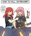  2girls =3 absurdres black_shirt blurry bocchi_the_rock! closed_eyes commentary crowd cube_hair_ornament depth_of_field empty_eyes english_commentary english_text foaming_at_the_mouth glowstick gotou_hitori guitar hair_between_eyes hair_ornament highres hinghoi holding holding_instrument holding_microphone instrument kita_ikuyo long_hair microphone multiple_girls nervous one_side_up open_mouth pink_hair redhead scared shaded_face shirt short_sleeves sidelocks simple_background speech_bubble trembling v-shaped_eyebrows very_long_hair wavy_hair wavy_mouth white_background 
