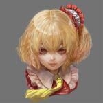  1girl ascot axe_r18 blonde_hair cropped_shoulders eyebrows_hidden_by_hair flandre_scarlet frilled_shirt_collar frills grey_background hair_between_eyes highres lips one_side_up portrait realistic red_eyes short_hair simple_background slit_pupils smile solo touhou yellow_ascot 