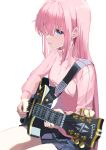  1girl absurdres black_skirt blue_eyes blush bocchi_the_rock! closed_mouth commentary_request electric_guitar gotou_hitori guitar hair_between_eyes highres holding holding_instrument instrument jacket long_hair long_sleeves looking_at_viewer pink_hair pink_jacket simple_background skirt solo thighs white_background yamashi_e 