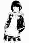  1girl absurdres audio_jack blush boku_no_hero_academia closed_mouth diagonal_bangs drawstring greyscale hands_in_pockets highres hood hoodie jacket jacket_over_hoodie jirou_kyouka kobaji lapels light_smile long_earlobes looking_at_viewer monochrome open_clothes open_jacket short_hair shorts sidelocks simple_background solo standing 