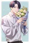  1boy black_hair blue_background blue_eyes bouquet earrings english_text flower highres holding holding_bouquet jewelry long_sleeves male_focus original shirt short_hair smile solo standing white_day white_shirt yori_(ito_haruki) 