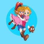  1boy 1girl absurdres blonde_hair blue_background blue_eyes blue_overalls blue_shorts boots braid brown_footwear carrying circular_border closed_mouth commentary cosplay crown crown_braid dated dress earrings elbow_gloves english_commentary floating_hair full_body gloves goomba green_eyes hair_between_eyes hat highres jewelry link mario mario_(cosplay) medium_hair mini_crown nervous open_mouth overall_shorts overalls paragoomba parted_bangs pink_dress pointy_ears princess_carry princess_peach princess_peach_(cosplay) princess_zelda puffy_short_sleeves puffy_sleeves red_headwear red_shirt running rutiwa shirt short_hair short_sleeves shorts sidelocks simple_background sphere_earrings super_mario_bros. the_legend_of_zelda the_legend_of_zelda:_breath_of_the_wild tusks two-tone_background v-shaped_eyebrows wavy_mouth white_gloves wings 