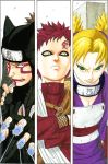  blonde_hair gaara green_eyes grin kankuro kishimoto_masashi naruto pigtails red_hair short_hair temari 