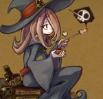  1girl book bottle brown_hair hair_over_one_eye hat k6427 little_witch_academia poison red_eyes sitting skull sucy_manbabalan wand wide_sleeves witch_hat 