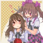  alternate_hairstyle blush bow brown_hair checkered checkered_background checkered_skirt comb fang hair_bow hairdressing hat hat_removed headwear_removed heart himekaidou_hatate holding holding_hat long_hair lowres multiple_girls nervous pointy_ears purple_eyes red_eyes scissors shameimaru_aya skirt sweatdrop takamura tokin_hat touhou twintails violet_eyes 