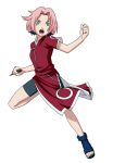  bag dress female haruno_sakura kunai looking_at_viewer naruto open_mouth pink_hair sandals short_hair simple_background solo transparent_background vector weapon 