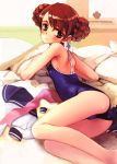  ass bare_legs blush braid brown_eyes brown_hair character_request copyright_request double_bun highres legs lying on_side ooyari_ashito oyari_ashito pillow school_swimsuit solo swimsuit swimsuit tears 