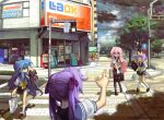  ahoge bag blue_eyes blue_hair city crosswalk glasses green_eyes hiiragi_kagami hiiragi_tsukasa izumi_konata kawa_yoo kawaguchi_youhei long_hair lucky_star pantyhose pink_hair pointing purple_hair ribbon school_bag school_uniform serafuku shadow shop short_hair storm street takara_miyuki twintails 