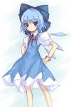  1girl bad_id blue_dress blue_eyes blue_hair bow bracelet cirno dress hair_bow hands_on_hips jewelry sketch solo standing touhou tsurime wings yumesato_makura 