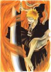  1boy absurdres bleach brown_eyes fighting_stance highres holding holding_sword holding_weapon japanese_clothes kurosaki_ichigo male male_focus official_art open_mouth orange_hair short_hair solo spiked_hair sword tite_kubo weapon wide_sleeves 