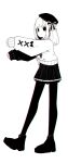  beret black_eyes black_footwear black_headwear black_skirt boots bow cardigan chromatic_aberration clenched_hands closed_mouth dancing dot_nose film_grain frilled_skirt frills full_body hair_ornament hat hatyuuruinohito highres long_legs long_sleeves looking_at_viewer looking_to_the_side medium_hair meme miniskirt monochrome nijisanji outstretched_arms oversized_clothes pantyhose pleated_skirt simple_background skirt sleeves_past_wrists smile solid_circle_eyes solo suzuhara_lulu two-tone_bow virtual_youtuber white_background x_hair_ornament 
