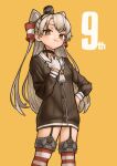  1girl amatsukaze_(kancolle) bottomless brown_eyes garter_belt garter_straps gloves grey_hair highres kantai_collection karutade kneehighs looking_at_viewer socks solo striped striped_socks two_side_up upper_body white_gloves 