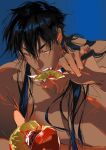  1boy atie1225 black_hair blue_background commentary completely_nude dark-skinned_male dark_skin eating fang food fruit holding holding_food holding_fruit holding_knife knife long_hair looking_at_food looking_down nude open_mouth original peach simple_background solo symbol-only_commentary upper_body yellow_eyes 