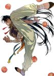 1boy absurdres arm_wrap atie1225 baggy_pants black_footwear black_hair chinese_clothes chinese_commentary dark-skinned_male dark_skin earrings fang food fruit full_body high_kick highres jewelry kicking leg_wrap long_hair looking_at_viewer male_focus mandarin_collar open_mouth original pants peach sarashi scar scar_on_arm simple_background sleeveless solo standing very_long_hair white_background yellow_eyes 