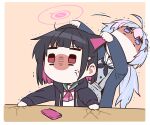  2girls absurdres ahoge anger_vein animal_ears annoyed b.t._(boob_tong) black_coat black_hair black_jacket blue_archive blunt_bangs cat_ears cat_girl cellphone chibi coat colored_inner_hair commentary_request hair_between_eyes hair_ornament hairclip halo highres holding holding_ears hood hooded_jacket jacket kazusa_(blue_archive) long_hair looking_at_another low_twintails multicolored_hair multiple_girls open_clothes open_coat open_jacket phone pleated_skirt pulling red_eyes reisa_(blue_archive) school_uniform serafuku short_hair sidelocks simple_background skirt smartphone spoken_expression star_(symbol) star_hair_ornament twintails two-tone_hair violet_eyes 
