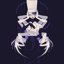  1girl apron arm_behind_back arthropod_limbs black_blood black_gloves black_tears blood blood_from_eyes blood_from_mouth chainsaw_man chef chef_hat closed_eyes elbow_gloves extra_arms facing_viewer falling_devil_(chainsaw_man) flat_top_chef_hat gloves hand_on_own_chest hat highres holding_head nosebleed open_mouth purple_theme severed_head smile solo spinktacular waist_apron 