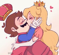 1boy 1girl blonde_hair brown_hair couple crown hetero hug kiss mario princess princess_peach super_mario_bros.