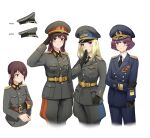  4girls absurdres arm_up belt belt_buckle black_gloves blonde_hair blue_headwear blue_jacket blue_pants brown_belt brown_eyes brown_hair buckle closed_mouth cropped_legs gloves grey_headwear grey_jacket grey_pants hand_to_own_mouth hat highres jacket long_sleeves looking_at_viewer medal military military_hat military_jacket military_uniform multiple_girls original pants peaked_cap purple_hair salute simple_background smile tuzik10 uniform violet_eyes white_background 