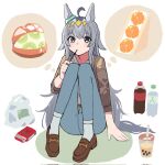  1girl ahoge animal_ears blue_eyes blue_pants bottle brown_footwear brown_jacket bubble_tea food food_in_mouth full_body grey_eyes grey_hair highres horse_ears horse_girl jacket loafers long_hair looking_at_viewer multicolored_hair oguri_cap_(umamusume) pants pocky ribbed_socks s_happychildren shoes sitting solo umamusume 