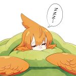  1girl animal_ears bird_ears blush closed_eyes face_down harpy highres long_hair monster_girl on_bed orange_feathers orange_hair orange_wings original pillow second-party_source sleeping solo spoken_zzz urotori white_background zzz 