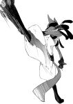  atie1225 full_body greyscale high_kick highres kicking looking_at_viewer looking_back lucario monochrome no_humans pokemon pokemon_(creature) see-through simple_background solo tail white_background 