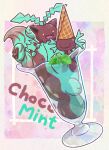  alcremie alternate_color candy chocolate chocolate_bar clodsire closed_mouth cup drinking_glass food highres hoppip ice_cream_cone kotobukkii_(yt_lvlv) leaf mint mint_chocolate open_mouth paldean_wooper pokemon pokemon_(creature) yellow_eyes 