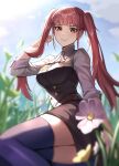  1girl absurdres afri blunt_bangs blurry blurry_foreground breasts buttons closed_mouth depth_of_field double-breasted dress field fire_emblem fire_emblem:_three_houses flipped_hair flower high_collar highres hilda_valentine_goneril large_breasts long_hair long_sleeves outdoors pink_eyes pink_hair purple_thighhighs short_dress sidelocks sitting sky smile solo thigh-highs twintails 