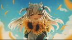  1girl :d animal_ear_fluff animal_ears blue_bow blue_sky bow brown_eyes cat_ears clouds commentary_request day flower grey_hair hair_bow hair_ornament hairclip half-closed_eyes highres indie_virtual_youtuber jacket long_hair long_sleeves looking_at_viewer natsume_eri natsume_eri_(vtuber) object_hug outdoors petals sky sleeves_past_fingers sleeves_past_wrists smile solo sunflower two_side_up virtual_youtuber white_jacket yellow_flower 