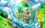  akimiiiii blue_sky bulbasaur bush claws clouds fangs flower grass highres looking_to_the_side open_mouth outdoors pokemon pokemon_(creature) rainbow red_eyes sky smile splashing sunlight water_drop 