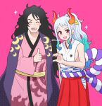 1boy 1girl artist_name blush closed_eyes earrings highres horns i! japanese_clothes jewelry long_hair looking_at_viewer momonosuke_(one_piece) multicolored_hair one_piece oni oni_horns open_mouth pink_background smile thumbs_up yamato_(one_piece)