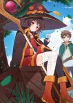  1boy 1girl absurdres ai-nohikari bandaged_arm bandages bow breasts brown_hair hat highres holding holding_staff kono_subarashii_sekai_ni_shukufuku_wo! looking_at_viewer megumin navel ocean open_hand open_mouth outdoors red_eyes short_hair short_hair_with_long_locks small_breasts smile staff swimsuit witch_hat 