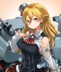  1girl adapted_turret ascot bare_shoulders blonde_hair blush braid breasts brown_eyes cannon corset french_braid hair_between_eyes hat highres kantai_collection large_breasts long_hair long_sleeves looking_at_viewer machinery mini_hat red_ascot rigging shirt skirt smile solo sunday_aki tilted_headwear turret wavy_hair white_shirt zara_(kancolle) 