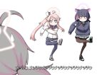  3girls animal_ears black_hair black_jacket black_thighhighs blue_archive bob_cut brown_pantyhose cat_ears colored_inner_hair commentary_request dancing halo highres hitotose_rin jacket jitome kazusa_(blue_archive) long_hair long_sleeves miniskirt motion_blur multicolored_hair multiple_girls natsu_(blue_archive) no_mouth o_o pantyhose parody pink_hair reisa_(blue_archive) rrr_(movie) scene_reference school_uniform serafuku shoes short_hair side_ponytail simple_background skirt sneakers standing standing_on_one_leg subtitled sweatdrop thigh-highs translation_request two-tone_hair white_background zettai_ryouiki 