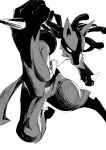  atie1225 full_body greyscale hand_up highres looking_at_viewer lucario monochrome no_humans pokemon pokemon_(creature) simple_background solo tail white_background 