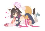  absurdres animal_ear_fluff animal_ears animal_hair_ornament asymmetrical_legwear blue_archive brown_hair commentary_request eyeshadow fishnet_thighhighs fishnets fox_ears fox_girl fox_hair_ornament fox_tail full_body gloves hair_ornament halo hand_on_own_chin head_rest heart highres izuna_(blue_archive) japanese_clothes kimono legs_up loafers looking_at_viewer lying makeup on_stomach partial_commentary partially_fingerless_gloves pink_eyeshadow pink_scarf pleated_skirt pom_pom_(clothes) pom_pom_hair_ornament print_kimono rui scarf school_uniform serafuku shirt shoes short_hair skirt sleeveless sleeveless_shirt smile tail thigh-highs white_background 