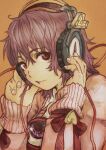  132 1girl eyeball fingernails hair_between_eyes headphones heart highres komeiji_satori long_sleeves messy_hair orange_background pink_sweater purple_hair red_eyes serious short_hair sweater touhou traditional_media 