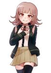  1girl animal_bag backpack bag breasts brown_hair brown_skirt cat_bag collared_shirt danganronpa_(series) danganronpa_2:_goodbye_despair flipped_hair galaga hair_ornament hand_on_own_chest highres hood jacket kirin_(suzoke_1) long_sleeves looking_at_viewer medium_hair miniskirt nanami_chiaki neck_ribbon pink_eyes pink_ribbon ribbon shirt shirt_tucked_in skirt smile solo spaceship_hair_ornament thigh-highs two-tone_shirt white_shirt zettai_ryouiki 