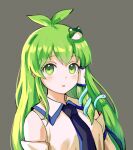  1girl blush closed_mouth frog_hair_ornament green_eyes green_hair grey_background hair_between_eyes hair_ornament himuhino japanese_clothes kochiya_sanae long_hair nontraditional_miko parted_lips portrait simple_background snake_hair_ornament solo touhou 
