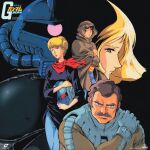  1970s_(style) 2boys 2girls absurdres amuro_ray black_eyes black_shirt blonde_hair blue_eyes blue_pants brown_cloak brown_hair cloak copyright_name cover crowley_hamon dvd_cover facial_hair gouf gundam helmet highres holding holding_helmet looking_at_viewer looking_up mecha mobile_suit mobile_suit_gundam multiple_boys multiple_girls mustache official_art one-eyed ousaka_hiroshi pants parted_lips pilot_helmet pilot_suit ramba_ral red_lips red_scarf retro_artstyle robot sayla_mass scarf science_fiction second-party_source shirt short_hair spacesuit violet_eyes yellow_shirt 