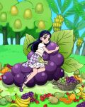  1girl alternate_size artist_request banana blue_eyes blue_hair commentary english_commentary eyelashes food fruit futari_wa_precure grapes hair_ornament hairclip happy high_heels highres long_hair looking_at_viewer official_art orange_(fruit) precure precure_connection_puzzlun smile solo strawberry third-party_source yukishiro_honoka 